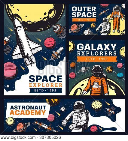 Astronaut Academy, Space And Galaxy Exploration With Shuttles Retro Banners. Vector Galaxy Expeditio