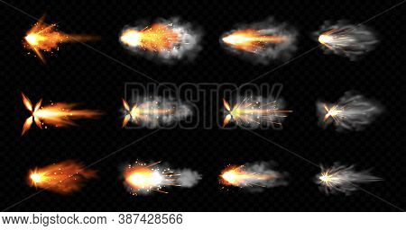 Gun Flashes With Smoke And Fire Sparkles. Pistol Shots Clouds, Muzzle Shotgun Explosion. Blast Motio