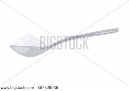 Sugar Spoon Full Of Powder Crystals Of Salt Or Sugar Vector Illustration. Teaspoon Side View With Co