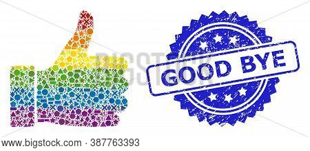 Rainbow Colorful Vector Thumb Up Mosaic For Lgbt, And Good Bye Textured Rosette Seal Imitation. Blue