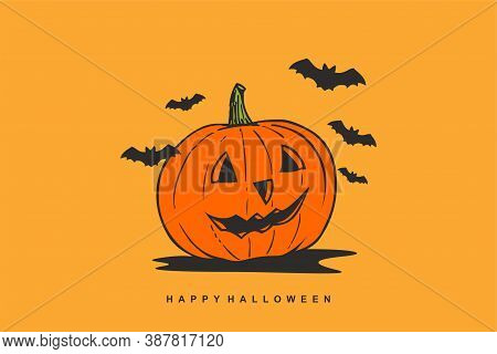 Happy Halloween Background With Smiling Pumpkin On Orange Background, Halloween Sale 3d Illustration