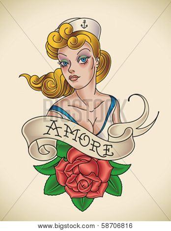 Old-school Navy tattoo of a pinup lady with a red rose. Editable vector illustration.