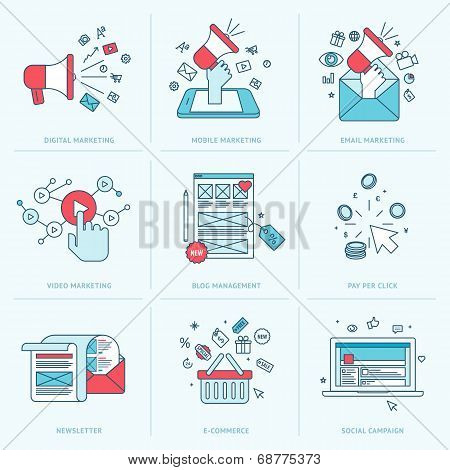 Set of flat line icons for marketing