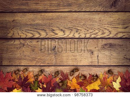 Autumn Leaves And Acorns On Rustic Wooden Background