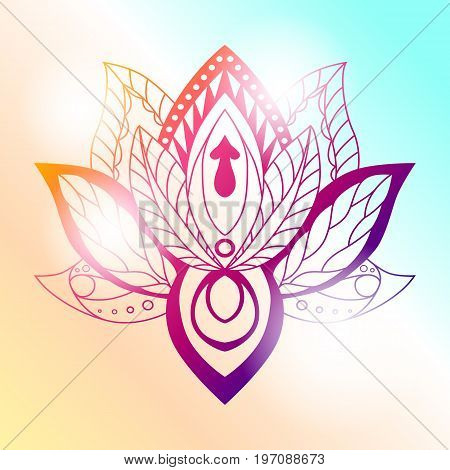 Lotus Mandala on a bright background. Vector ornamental Lotus ethnic zentang. Ornamental Boho Style lotus Flower. Indian Lotus. Lotus Mehndi. Vector illustration. Yoga India arabic om