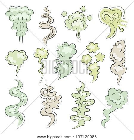 Different aroma clouds of vapor. Cartoon smells and stench. Smoke and stream aroma, green cloud effect evaporation. Vector illustration