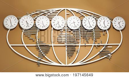 Wall with world map and clocks showing time in different cities