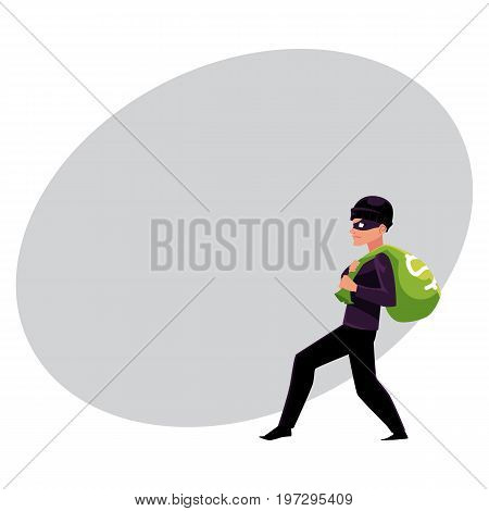 Thief, robber, burglar trying to escape with a money bag, cartoon vector illustration with space for text. Full length portrait of burglar, thief, robber in black disguise stealing money bag