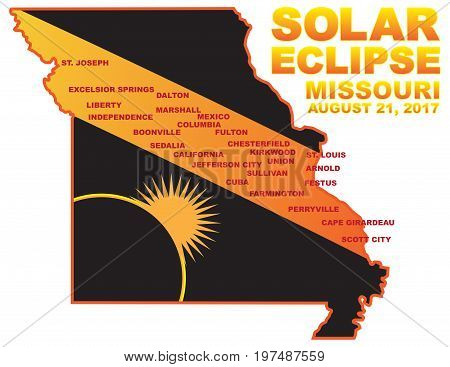 2017 Solar Eclipse Totality across Missouri State cities map color vector illustration