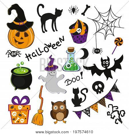 Set of cute halloween icons bat black cat pumpkin spider skull. Collection of scrapbooking elements for halloween party