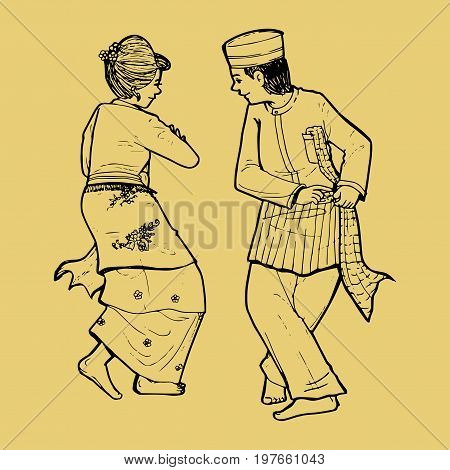 Line art illustration of traditional North Sumatra Indonesian dance Tari Campak Bunga