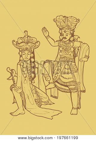 Line art illustration of traditional East Java Indonesian dance tari topeng or mask dancing