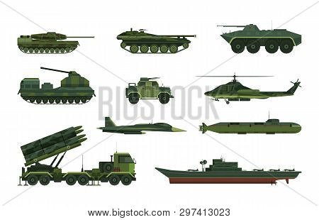 Set Of Isolated Military Vehicle Icons. Tank And Aircraft, Helicopter And Submarine, Boat Or Frigate