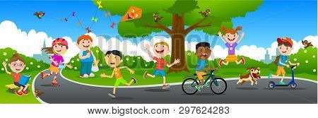 Many Children Play In The Summer Park. Vector Illustration Of Happy Children Playing In Playground. 