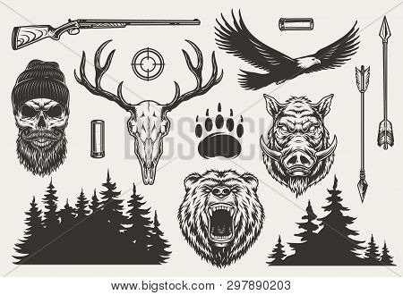 Vintage Monochrome Hunting Elements Set With Hunter And Deer Skulls Angry Bear Boar Heads Weapon Gun