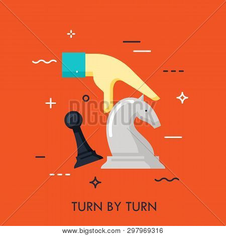 Hand Moving White Knight Chess Piece. Turn By Turn Smart Strategy Business Concept. Board Game Compe