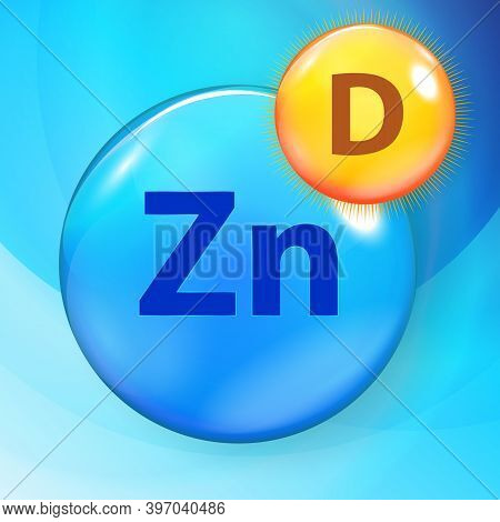 Mineral Zn Zink Blue Shiny Pill Capsule Icon Vitamin D. Vector Illustration