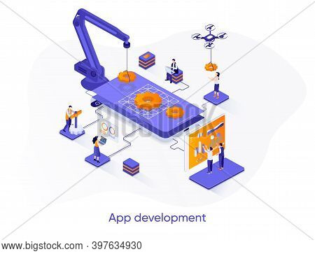 App Development Isometric Web Banner. Mobile Application Design, Full Stack Programming Isometry Con