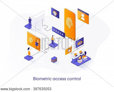 Biometric Access Control Isometric Web Banner. Fingerprint Scan Control Isometry Concept. Biometrics