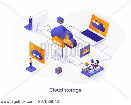 Cloud Storage Isometric Web Banner. Secure Cloud Storage, Database System Isometry Concept. Internet