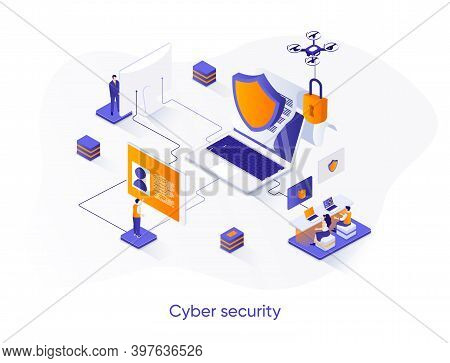 Cyber Security Isometric Web Banner. Network And Data Protection Isometry Concept. Firewall Software