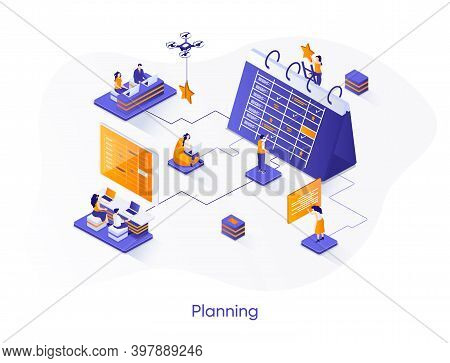 Business Planning Isometric Web Banner. Business Planning, Organizing Work Activities And Tasks Isom