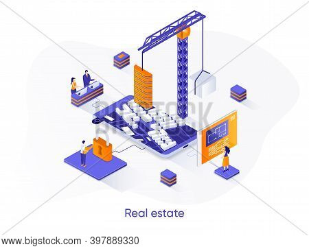 Real Estate Isometric Web Banner. Residential And Commercial Real Estate Property Isometry Concept. 