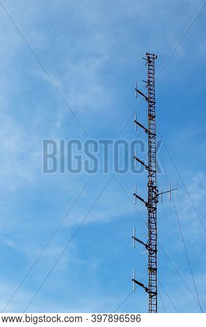 Radio Communication Mast Or Mobile Tower With Antennas And Telecommunication Equipment.