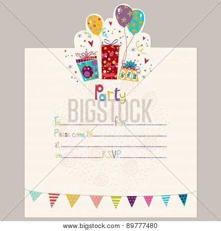 Happy Birthday Invitation.Birthday greeting card with gifts and balloons in bright colors. Sweet car