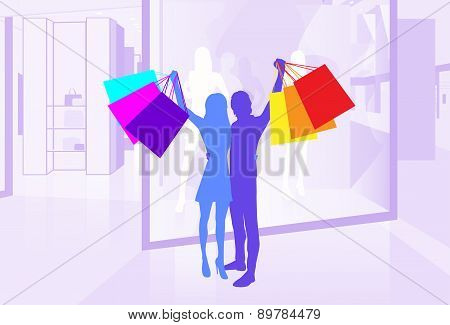 Shop Window Couple Silhouette Hold Shopping