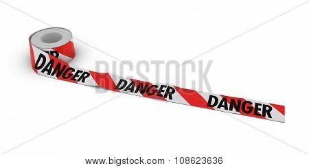 Red And White Striped Danger Tape Roll Unrolled Across White Floor