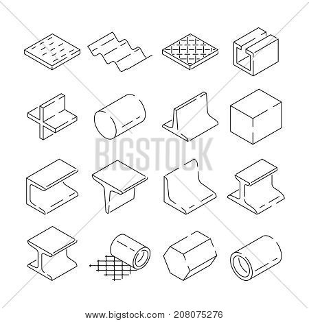 Isometric symbols of metallurgy. Pictures of iron and steel tools. Vector illustration in linear style. Metal tool and linear, pipe production, profile armature