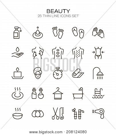 SPA icon set. Collection of high quality outline beauty pictograms in modern flat style. Black massage symbol for web design and mobile app on white background. Sauna line logo.