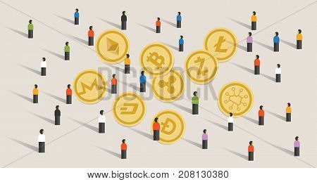 crowd people hype together crypto-currency coin set bitcoin digital currency virtual money exchange finance illustration vector