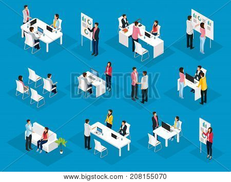 Isometric people teamwork set with business meetings collaboration negotiations brainstorming conference partnership project discussion isolated vector illustration