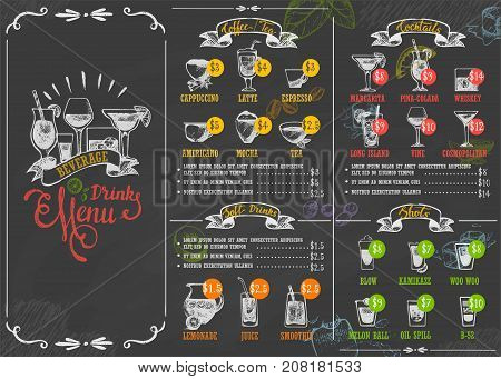 Beverage drink poster chalkboard restaurant food menu calligraphic lettering old retro vintage style vector illustration. Old-fashioned typographic card decorative cafe calligraphy.