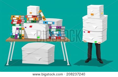 Businessman holds pile of office papers and documents.Documents and file folders on table. Office documents heap. Routine, bureaucracy, big data, paperwork, office. Vector illustration in flat style