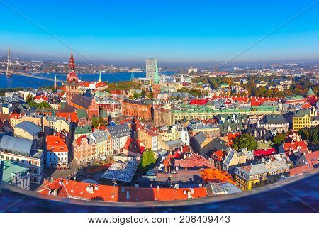 Aerial scenic panorama of Old Town from Saint Peter church, with Riga Cathedral, Cathedral Basilica of Saint James and Riga castle, Riga, Latvia