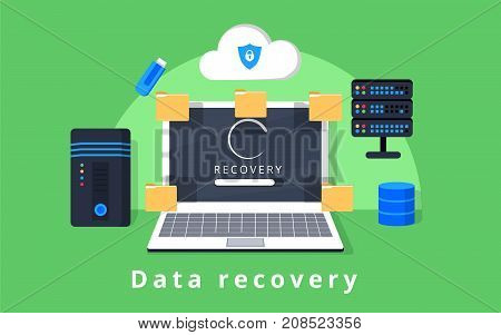 Data recovery data backup restoration and security flat design vector with icons. Vector illustration. Data protection concept web banner. Flat style. Internet security. For cloud services encryption app ad