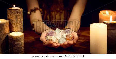 Fortune Teller Holding Healing Stones, Concept Esoteric And Life Coaching