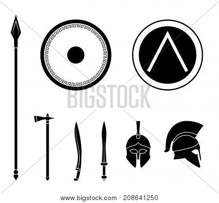 Set of ancient greek spartan weapon and protective equipment. Spear sword gladius shield axe helmet. Warrior outfit Vector illustration