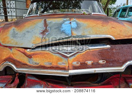 Hackberry, Arizona, Usa - July 24, 2017: Red old abandoned Desoto car at Hackberry General Store, Arizona along historic route 66.