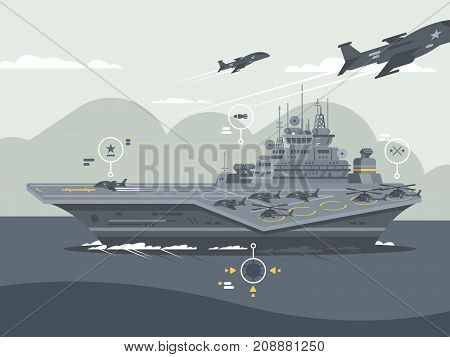 Military aircraft carrier. Huge warship with airplanes and helicopters. Vector illustration