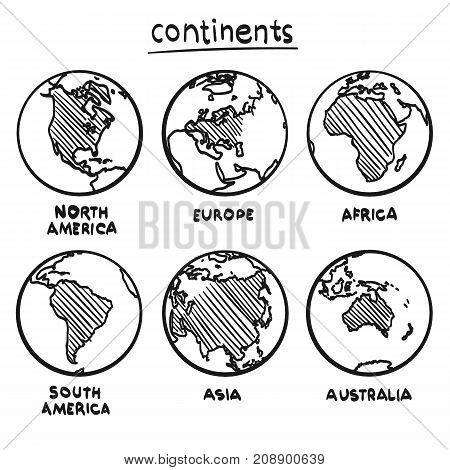 Sketch drawing continents, Planet continent Europe, Planet continent Asia, Planet continent America, Planet continent Australia, Planet continent Africa, Vector illustration