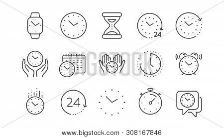 Time And Clock Line Icons. Timer, Alarm And Smartwatch. Time Management, 24 Hour Clock, Deadline Ala