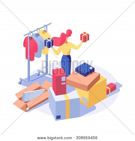 Customer Buying Products Vector Isometric Illustration. Female Seller, Shop Assistant Doing Inventor