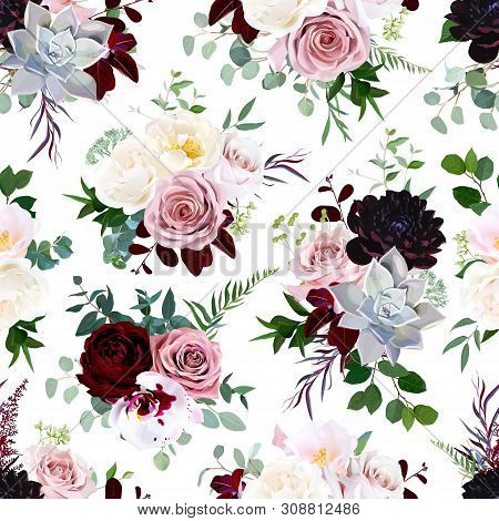 Dark Flowers Vector Floral Pattern. Dusty Pink Rose, Exotic Orchid, Burgundy Dahlia, Camellia, Echev