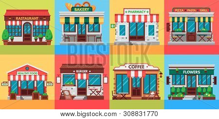 Restaurants And Shops Facades. Old Shop Building, Market Store And Restaurant Buildings Exterior. Sh