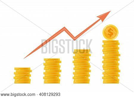 Stack Of Gold Coins, Concept Of Income Or Profit. Heap Of Money And Arrow Pointing Up. Financial Gro