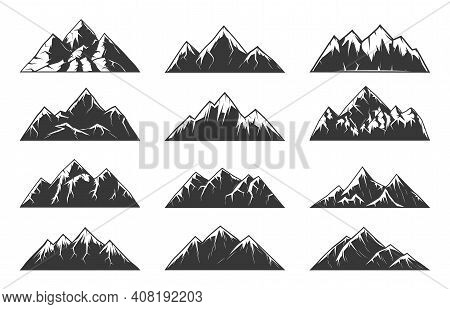 Mountain Chain Snowy Peaks, Rocky Hills End Volcanoes. High Mountains With Sharp Tops, Gorges And St